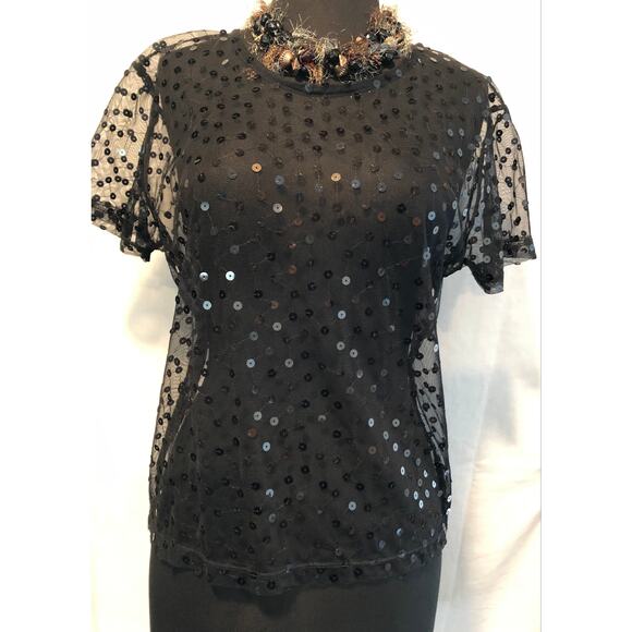 Cache Black Sheer Peek A Boo Mesh Sequin Encrusted Top Stretch Event Date - Picture 2 of 11